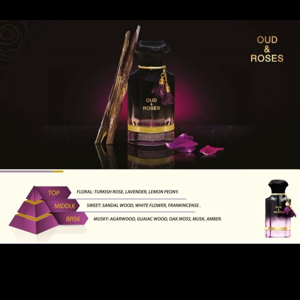 AHMED Oud & Roses 60mL Unisex Oriental Perfume for Men and Women a Woody Floral Oriental Fragrance with Oudh (Frankincense) and Rose Accords