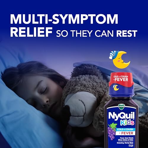 Buy now VICKS DayQuil and NyQuil Kids Grape Cold & Cough + Fever Multi-Symptom Relief Liquid Co-Pack, Specially Formulated for Kids Ages 6+, 2x8 OZ at indiglob india
