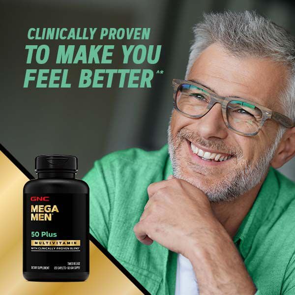 Buy now GNC Mega Men 50 Plus Multivitamin Caplets, Clinically Proven, Heart & Prostate Health, B Vitamins, Saw Palmetto, Memory, Vitamin D-3, 60 Count at indiglob india