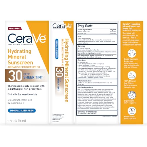 Buy now CeraVe Hydrating Mineral Sunscreen SPF 30 with Sheer Tint, Tinted Mineral Sunscreen with Zinc Oxide & Titanium Dioxide, Blends Seamlessly For Healthy Glow, Deep, 1.7 Oz at indiglob india