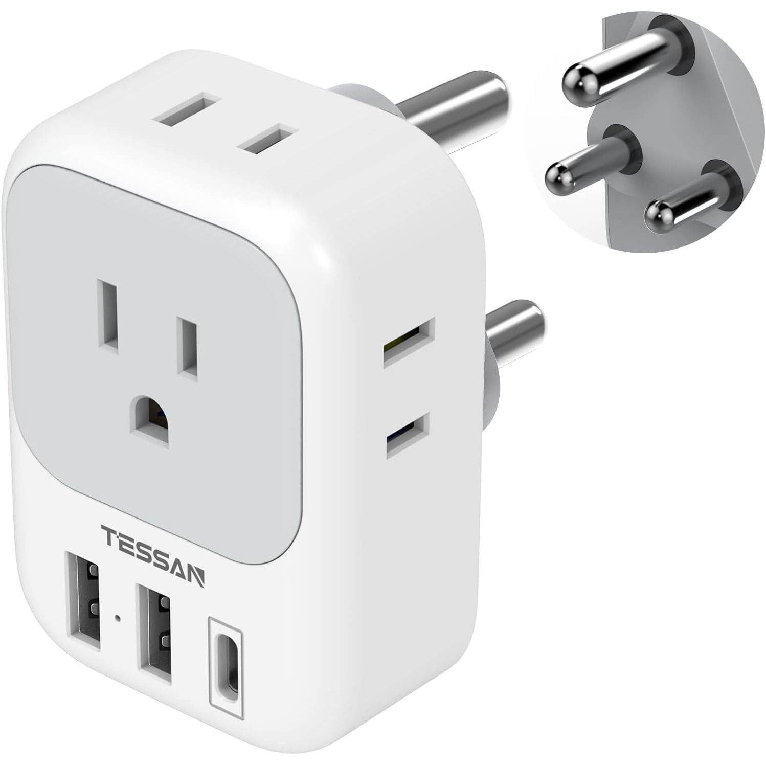 Buy now European Travel Plug Adapter USB C, TESSAN International Plug Adapter with 4 AC Outlets 3 USB Charging Ports, Type C Europe Power Adaptor for US to EU France Germany Iceland Spain Italy Type M-grey&white at indiglob india