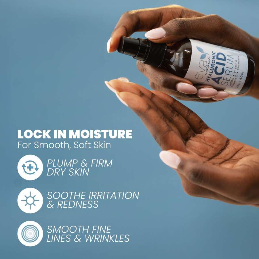 Buy now Eva Naturals Hyaluronic Acid Serum for Face â€“ Pure Facial Gel with Natural Moisturizing Factors + HA â€“ Anti-Aging Face Serum for Wrinkles, Fine Lines, Dry Skin, Lifted Glow â€“ 2 oz at indiglob india