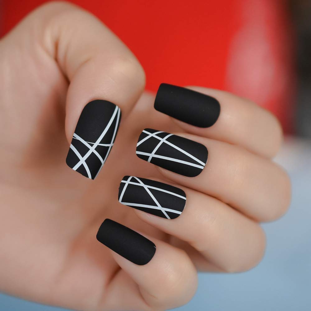 Buy now EchiQ Pearl Shine Glossy Fake Nails Shimmer White Square French Nail Ombre Faux Ongles Gradient Medium Fingernails with Gluetabs Black at indiglob india