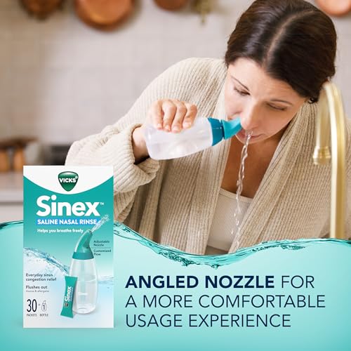 Buy now Vicks Sinex Saline Nasal Rinse Starter Kit, Drug Free Saline, Flush Out Mucus and Allergens, Fast & Effective Relief for Everyday Congestion from Sinus & Allergy, 1 Bottle + 30 Refill Packets at indiglob india