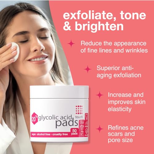 Buy now TOUCH 20% Glycolic Acid Pads Exfoliating And Resurfacing AHA Peel Face Wipes - Great for Dullness, Pores, Scars, Fine Wrinkles, Uneven Skin Tone & Texture, 50 Count at indiglob india