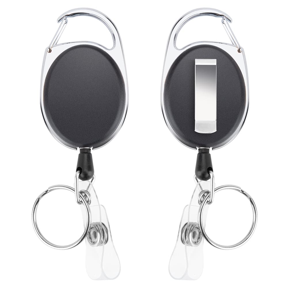 2 Pack Badge Holders and Heavy Duty Retractable Reel Clips Set, Vertical Leather ID Badge Holders with 1 Clear ID Window & 2 Credit Card Slots (Black-2pcs)'
