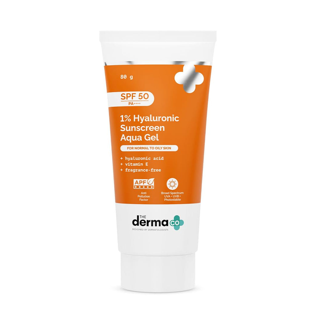 Buy now The Derma Co 1% Hyaluronic Sunscreen Aqua Gel with SPF 50 & PA++++ | Broad Spectrum UVA/B & Blue Light Protection | Suits Oily to Normal Skin | 2.82 Oz/80 g at indiglob india