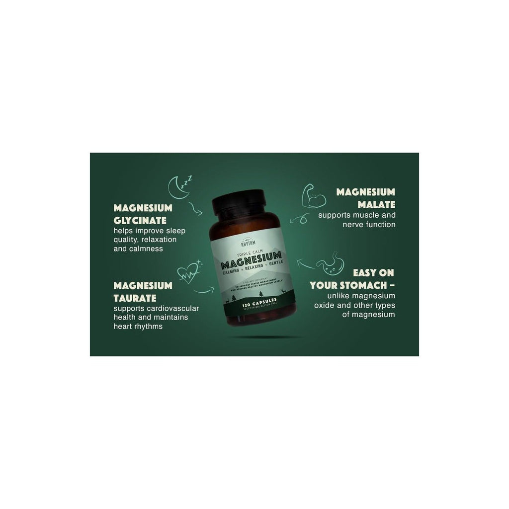 Buy now Natural Rhythm Triple Calm Magnesium 150 mg - 120 Capsules â€“ Magnesium Complex Compound Supplement with Magnesium Glycinate, Malate, and Taurate. Calming Blend for Promoting Rest and Relaxation. at indiglob india