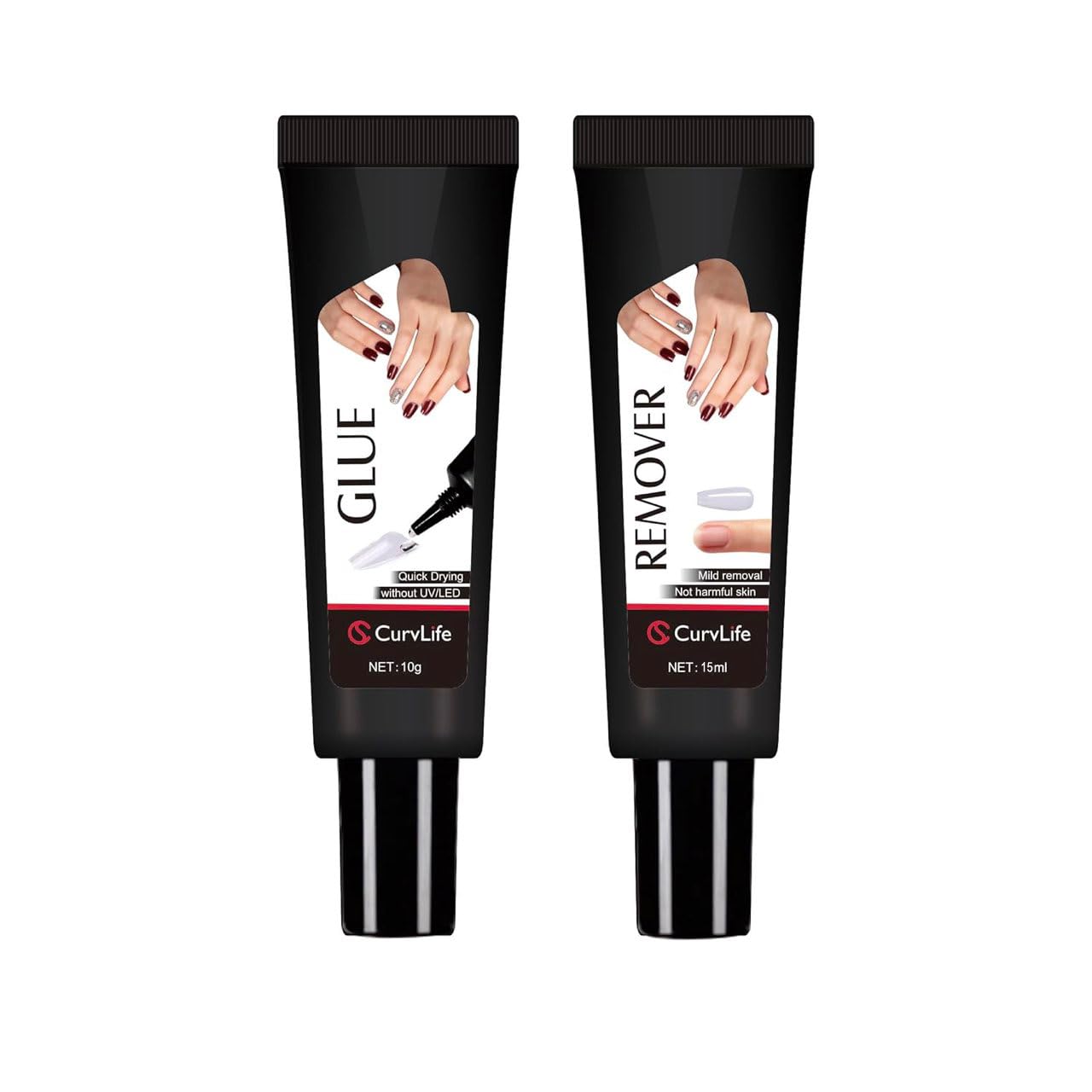 CurvLife 10g Semi Solid Nail Glue for Press Ons with 15ml Nail Glue Remover | No UV/LED Lamp Needed, Gap-Filling Air-Dry Nail Tips Glue Gel For Press on nails and Non-Acetone Gentle Remover