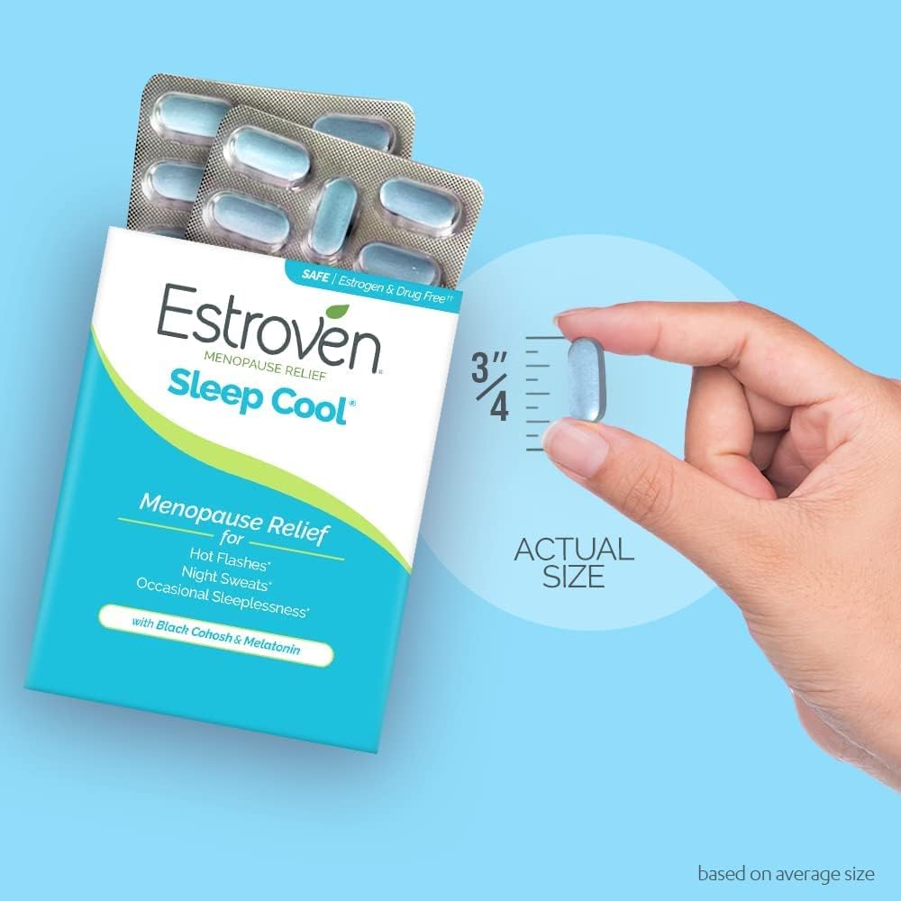 Buy now Estroven Sleep Cool for Menopause Relief, 30 Ct, Sleep Support Supplement With Clinically Proven Ingredients to Relieve Menopause Symptoms plus Night Sweats & Hot Flash Relief, Drug-No & Gluten-No at indiglob india
