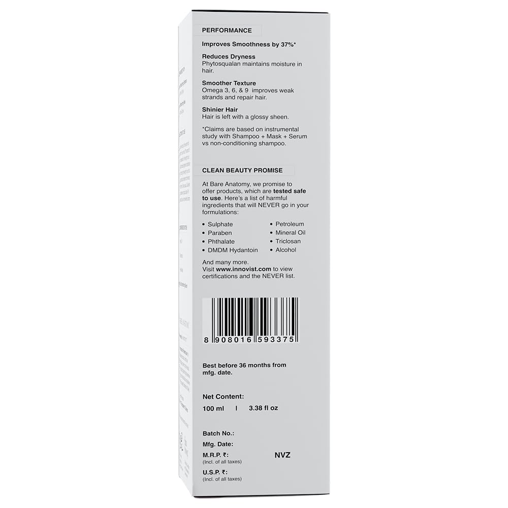 Bare Anatomy Ultra Smoothing Hair Serum Powered By Carbohydrate Complex & Niacinamide | Serum for Smooth & Shiny Hair | For Dry & Frizzy Hair | Women & Men | 100 ml
