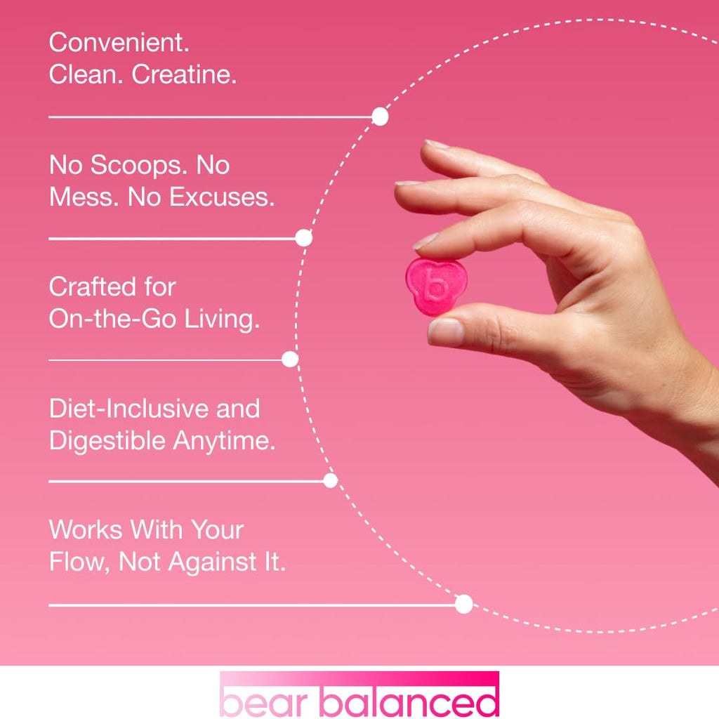 Bear Balanced Creatine Gummies for Men & Women - Creapure® Creatine Monohydrate, L-Theanine, L-Tyrosine & B12 for Muscle Growth, Strength, Focus, Energy & Health - Low Calorie, Sugar-Free, & Vegan