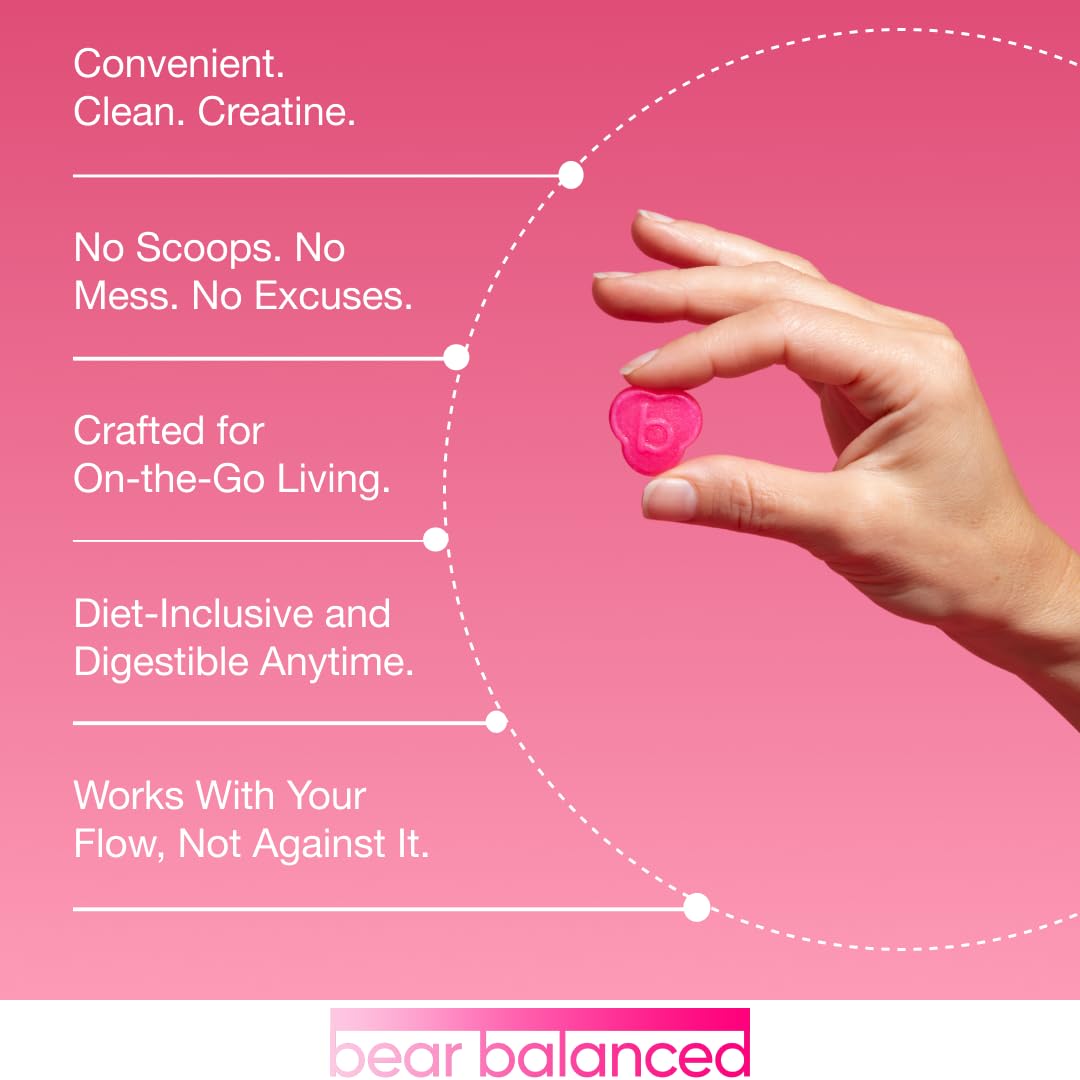 Bear Balanced Creatine Gummies for Men & Women - Creapure® Creatine Monohydrate, L-Theanine, L-Tyrosine & B12 for Muscle Growth, Strength, Focus, Energy & Health - Low Calorie, Sugar-Free, & Vegan