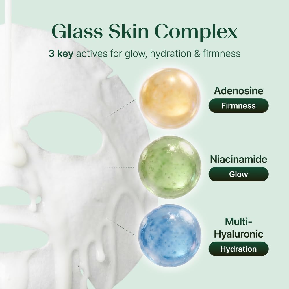 Sheet Mask with Niacinamide, Adenosine & Hyaluronic Acid, Glass Skin, 6ct