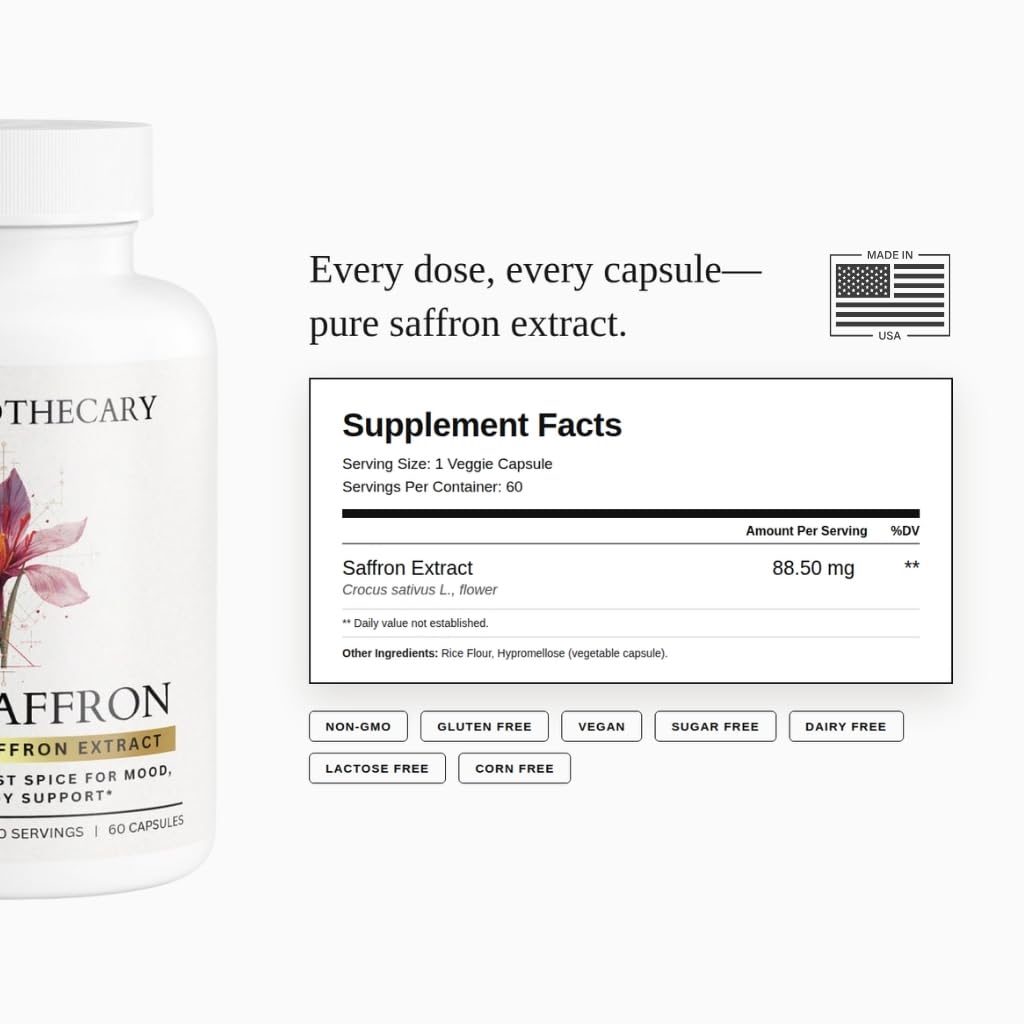 Pure Saffron Extract Capsules - Crocus Sativus Herbal Supplement - Vegan Non-GMO - 60 Caps