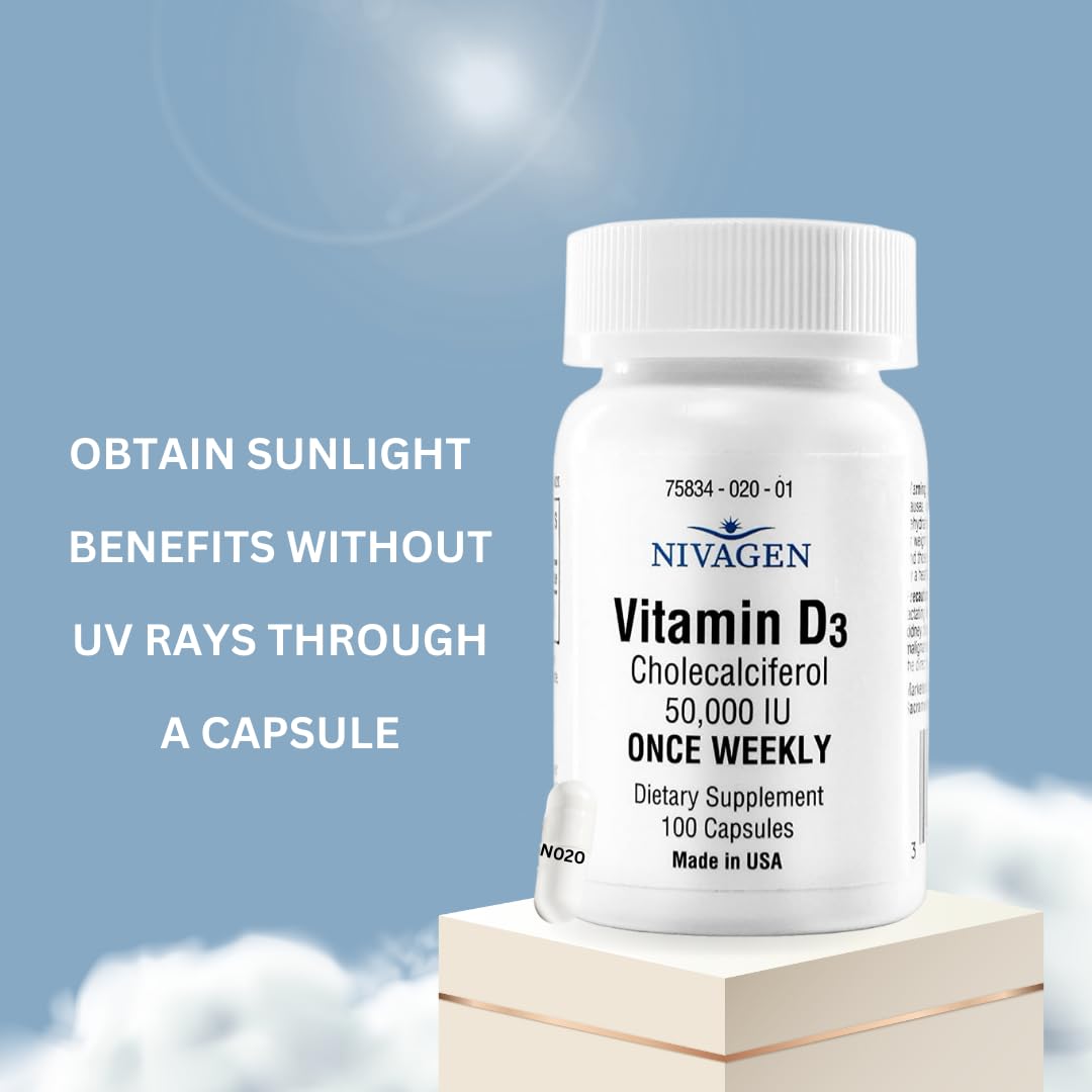 Nivagen Vitamin D3 50,000 IU (1250 mcg) | Once Weekly Dose | 100 Capsules (100 Weeks, Approx. 2 Years Supply) | Easy to Swallow | Bone, Muscle & Immune Support | Non-GMO, Gluten Free | Made in USA