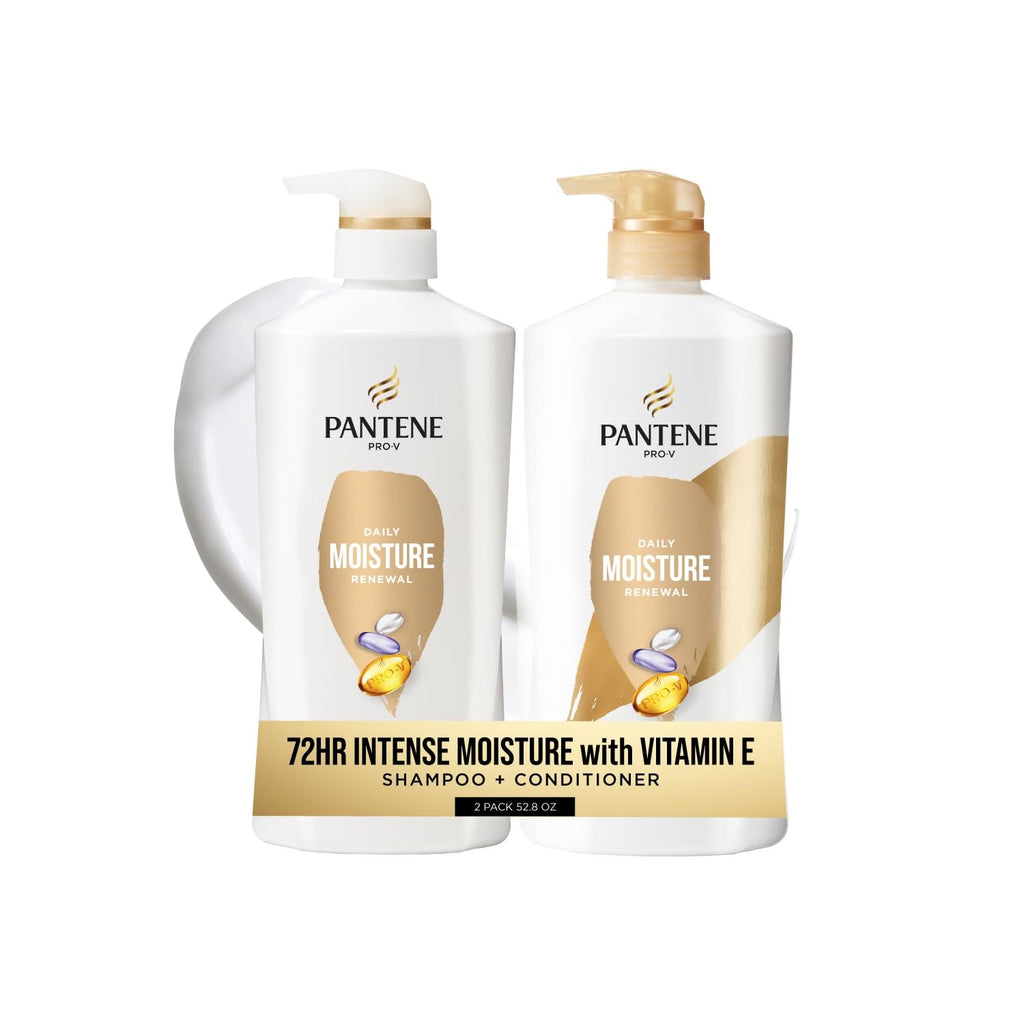 Pantene Shampoo & Conditioner Set, Daily Moisture Renewal - Pro-V Nutrients for Dry, Color-Treated, Straight to Curly Hair, 72-Hour Hydration & Softness, 52.8 Oz Total + Miracle Rescue Shot (0.5 Oz)