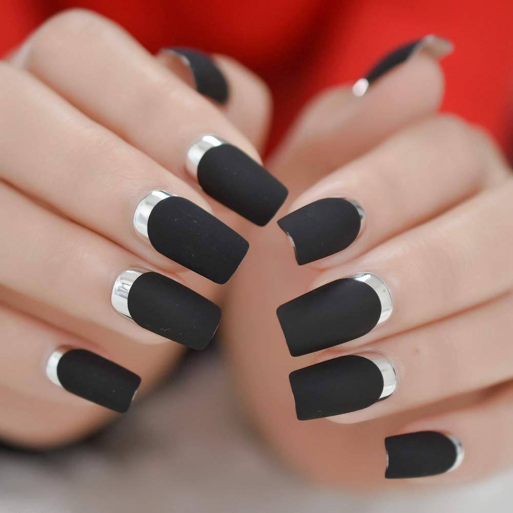 Buy now EchiQ Pearl Shine Glossy Fake Nails Shimmer White Square French Nail Ombre Faux Ongles Gradient Medium Fingernails with Gluetabs Black silver at indiglob india