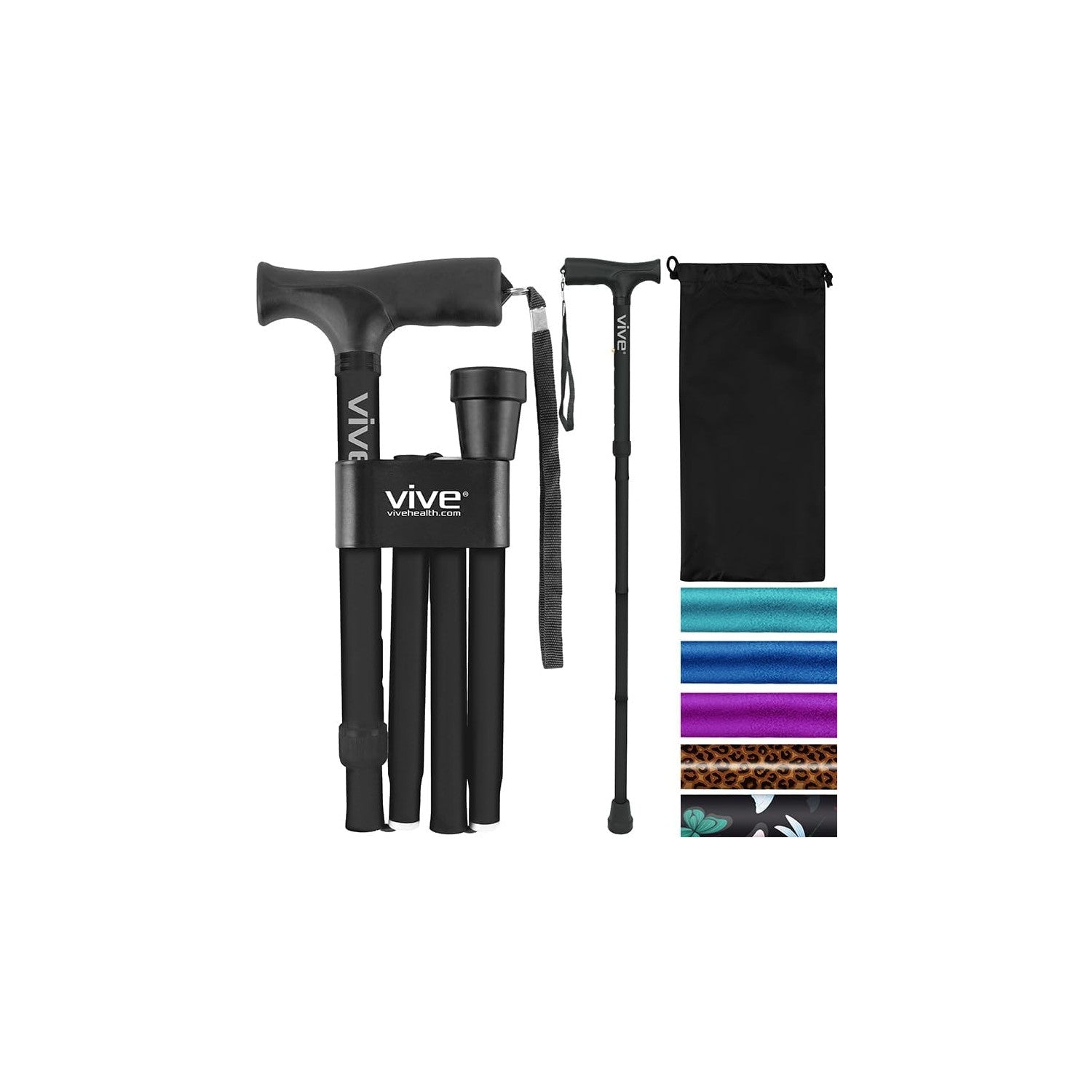 Buy now Vive Folding Cane - Foldable Walking Cane for Men, Women - Fold-up, Collapsible, Lightweight, Adjustable, Portable Hand Walking Stick - Balancing Mobility Aid - Comfortable Ergonomic Handle Black at indiglob india