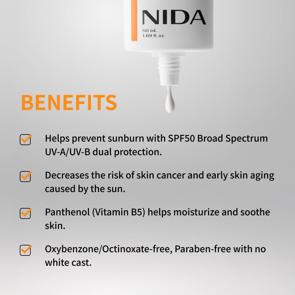 NIDA Invisible Fit Sunscreen SPF 50 Broad Spectrum UV-A/UV-B Protection | No White Cast, Low Irritation, Hydrating Lotion-like Lightweight Glow Sunscreen for All Skin Types | 1.69 fl. oz., 50ml