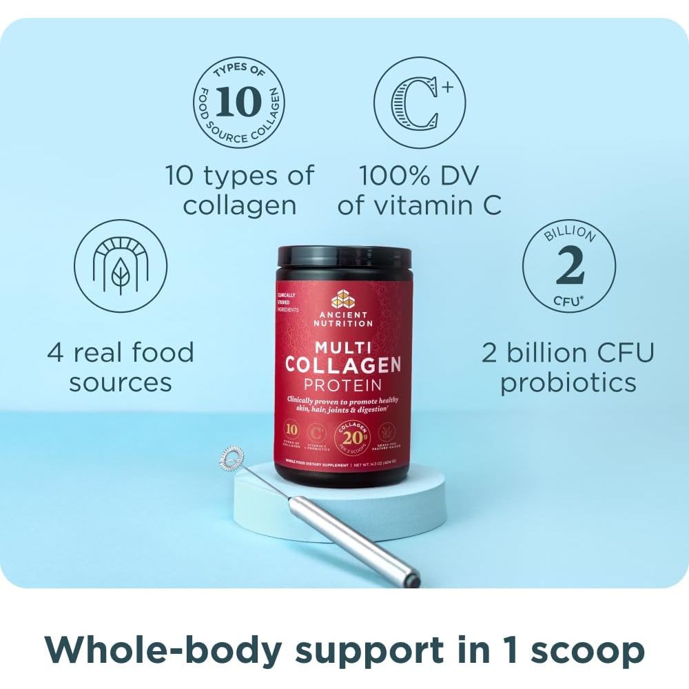 Buy now Ancient Nutrition Collagen Powder Protein with Probiotics, Unflavored Multi Collagen Protein with Vitamin C, 45 Servings, Hydrolyzed Collagen Peptides Supports Skin and Nails, Gut Health, 16oz at indiglob india