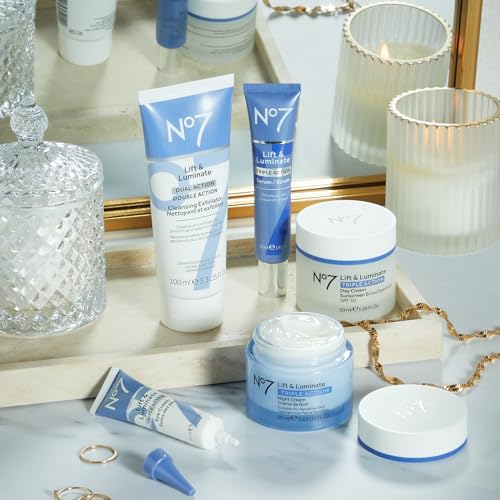 Buy now No7 Lift & Luminate Dual Action Cleansing & Exfoliating Face Wash - Gentle Face Exfoliator with Vitamin C, E & B5 - Deep Pore Cleanser for Dull & Uneven Skin Tone (3.3 Fl Oz) at indiglob india