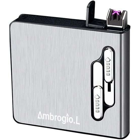 Buy now Full Pack 20 Regular Cigarettes Case Box Automatic Ejection Holder with Dual Arc Lighter USB Rechargeable, Flameless, Windproof,Moisture-Proof,Silver at indiglob india