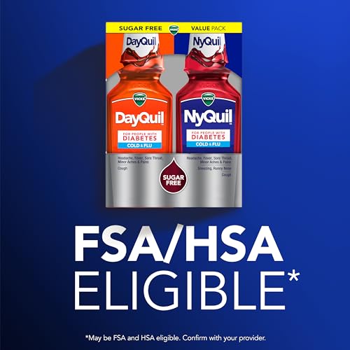 Buy now VICKS DayQuil & NyQuil Diabetes Cold & Flu Relief Medicine Co-Pack, Powerful Multi-Symptom Daytime & Nighttime Relief for Cold, Cough, and Flu Symptoms, Sugar & Alcohol Free, 2 x 12 FL OZ Bottles at indiglob india