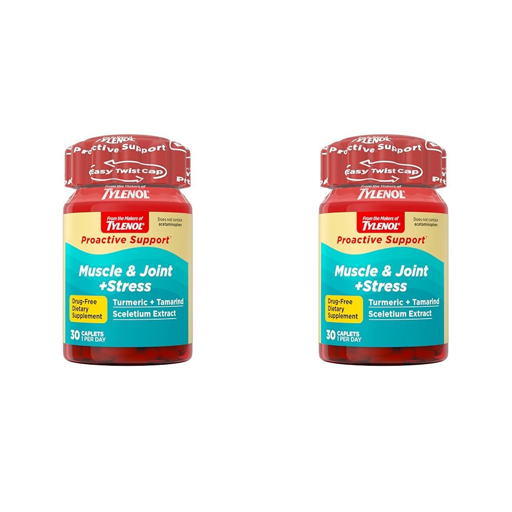 Tylenol Proactive Support Muscle & Joint Supplements + Stress, 30 ct | Drug-Free, Tamarind + Turmeric Supplement, Sceletium Extract, Improves Joint Comfort & Flexibility