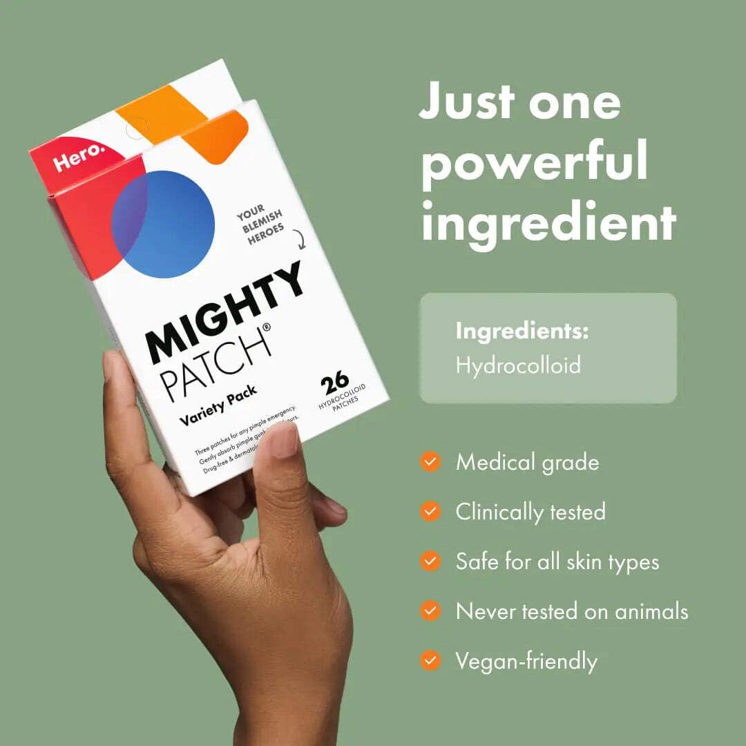 Mighty Patch Hero Cosmetics Variety Pack of Acne Pimple Patches, 26 Ct | Includes Original, Invisible+, XL Surface Patches; Hydrocolloid Patches; For Covering Zits and Blemishes; Korean Skin Care