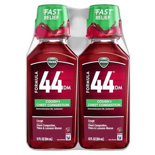 Buy now Vicks Formula 44 DM Cough & Congestion Liquid, Over-The-Counter Medicine, Day or Night, Cough Syrup, Powerful Cough and Congestion Relief, Cough Suppressant and Expectorant, Berry Flavor, 2x12 FL OZ at indiglob india