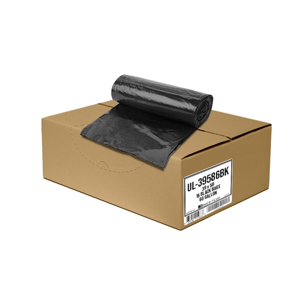 Ultrasac 55-60 Gallon 6.0 MIL Black Heavy Duty Trash Bags - 39" x 58" - Pack of 15 - For Contractor, Construction, & Industrial,UL-39586BK