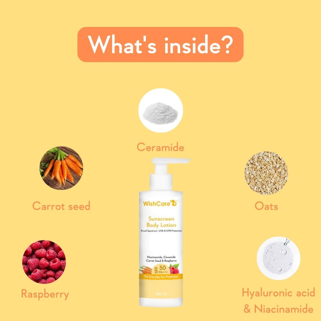 WishCare Sunscreen Body Lotion with SPF 50 PA+++ - Broad Spectrum UVA & UVB Protection, No White Cast, Enriched with Carrot Seed & Raspberry - Body Sunscreen Lotion 200ml (Indian Version)