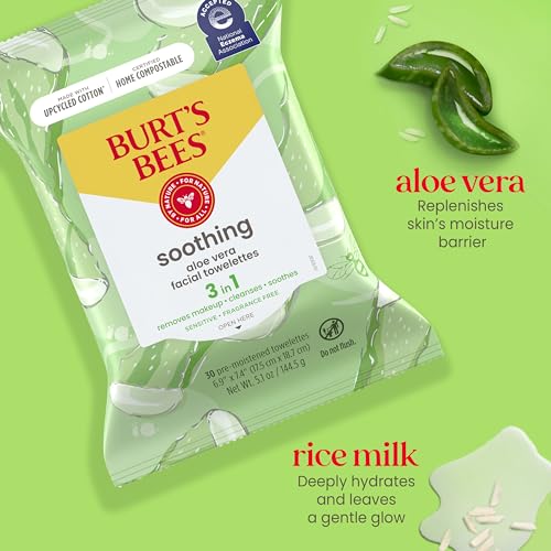 Buy now Burt's Bees Aloe Vera Face Wipes, for Sensitive Skin, Soothing Makeup Remover & Facial Cleansing Towelettes, 30 Ct. (3-Pack) at indiglob india