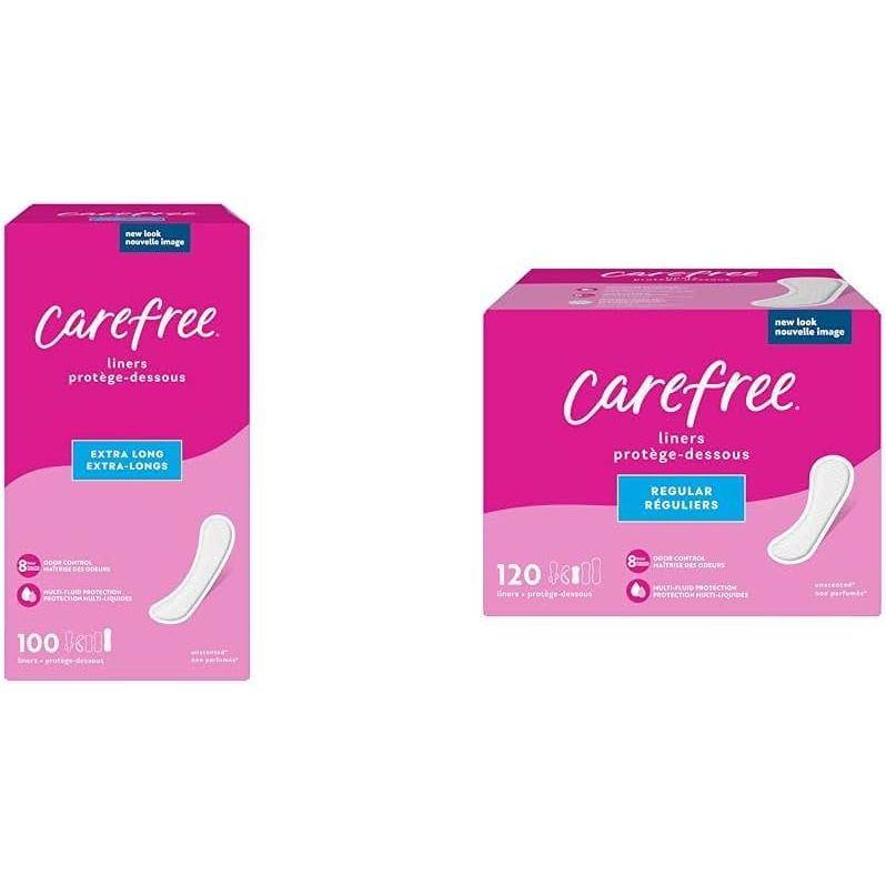Buy now Carefree Panty Liners for Women, Extra Long, Unwrapped, Unscented, 100ct | Pantiliners, Carefree, Daily for Women, Light Periods and Leaks, 8-Hour Odor Control|100ct (Packaging May Vary) Extra Long, Regular Liners + Liners, 120ct at indiglob india