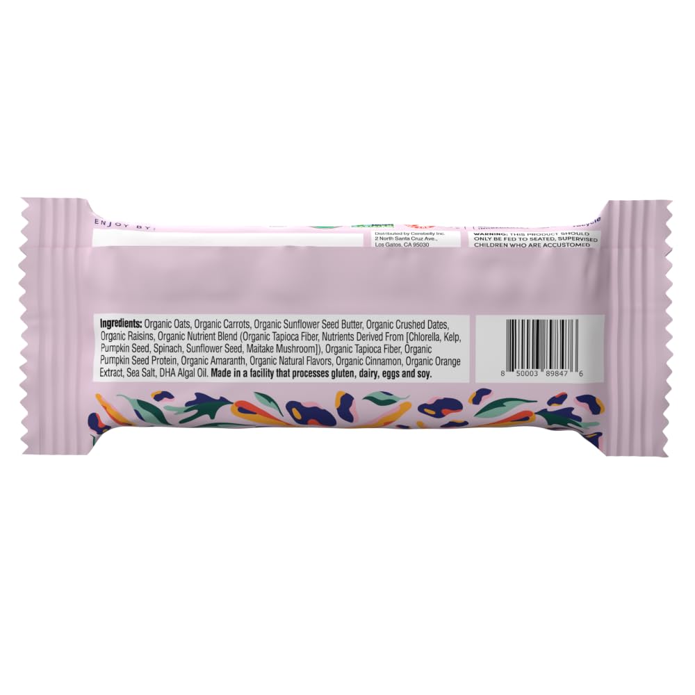 Cerebelly Organic Toddler Snack Bars, Carrot Date Smart Bars, 16 Brain-Supporting Nutrients, No Added Sugar, Gluten Free, Nut Free, Kids Snacks, 5 Pack