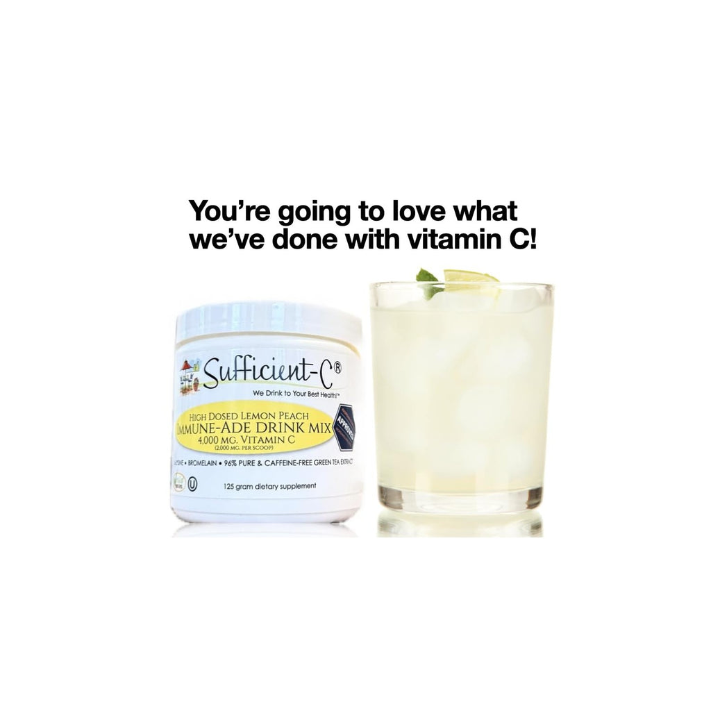 Sufficient-C High Dose Non-GMO Vitamin C Lemon Peach Immune-Ade Drink Mix, Convenient 125 Gram Size w/L-lysine, Bromelain & a Premium 96% Pure Green Tea Extract - Stomach Friendly, Adrenal Supportive