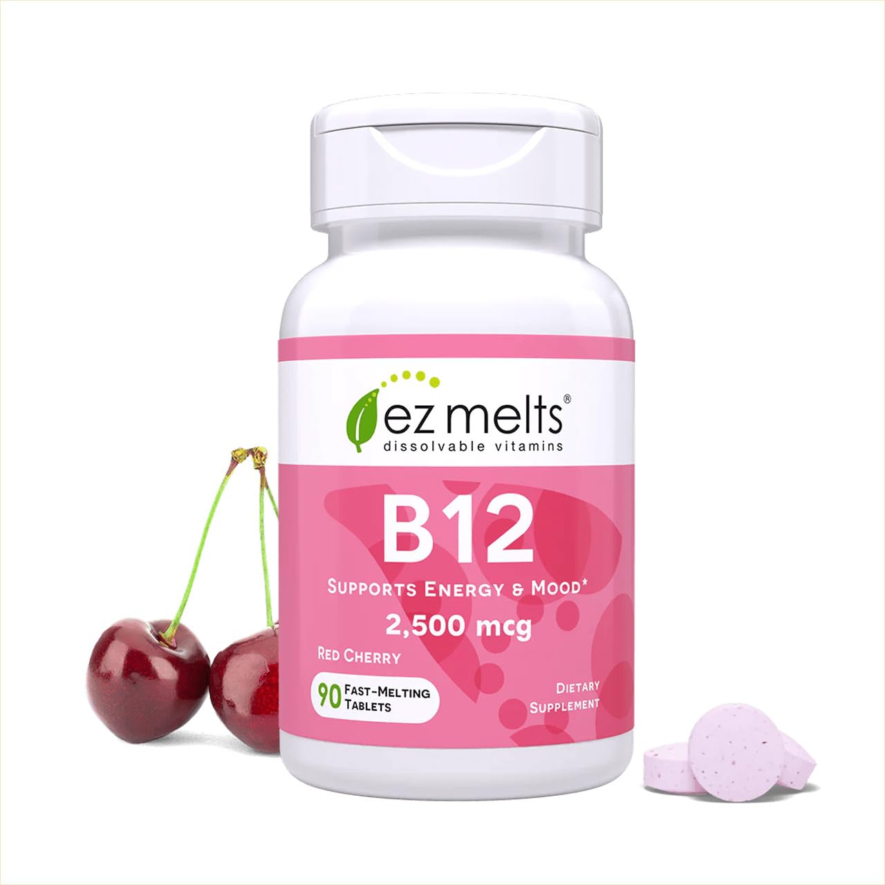 EZ Melts Dissolvable B12 Methylcobalamin 2,500 mcg - Vitamin B12 for Energy & Immune Support - Non-GMO, Vegan & Gluten-Free - Red Cherry - 90 Sublingual Tablets (90 Servings)