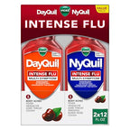 Buy now Vicks DayQuil & NyQuil Intense Flu Liquid, Value Pack, Over-The-Counter, Multi-Symptom, Powerful Relief for Body Aches, Fever, Headache, Sore Throat, and Cough, 6 Hour Relief, Cherry Flavor, 12 FL OZ at indiglob india