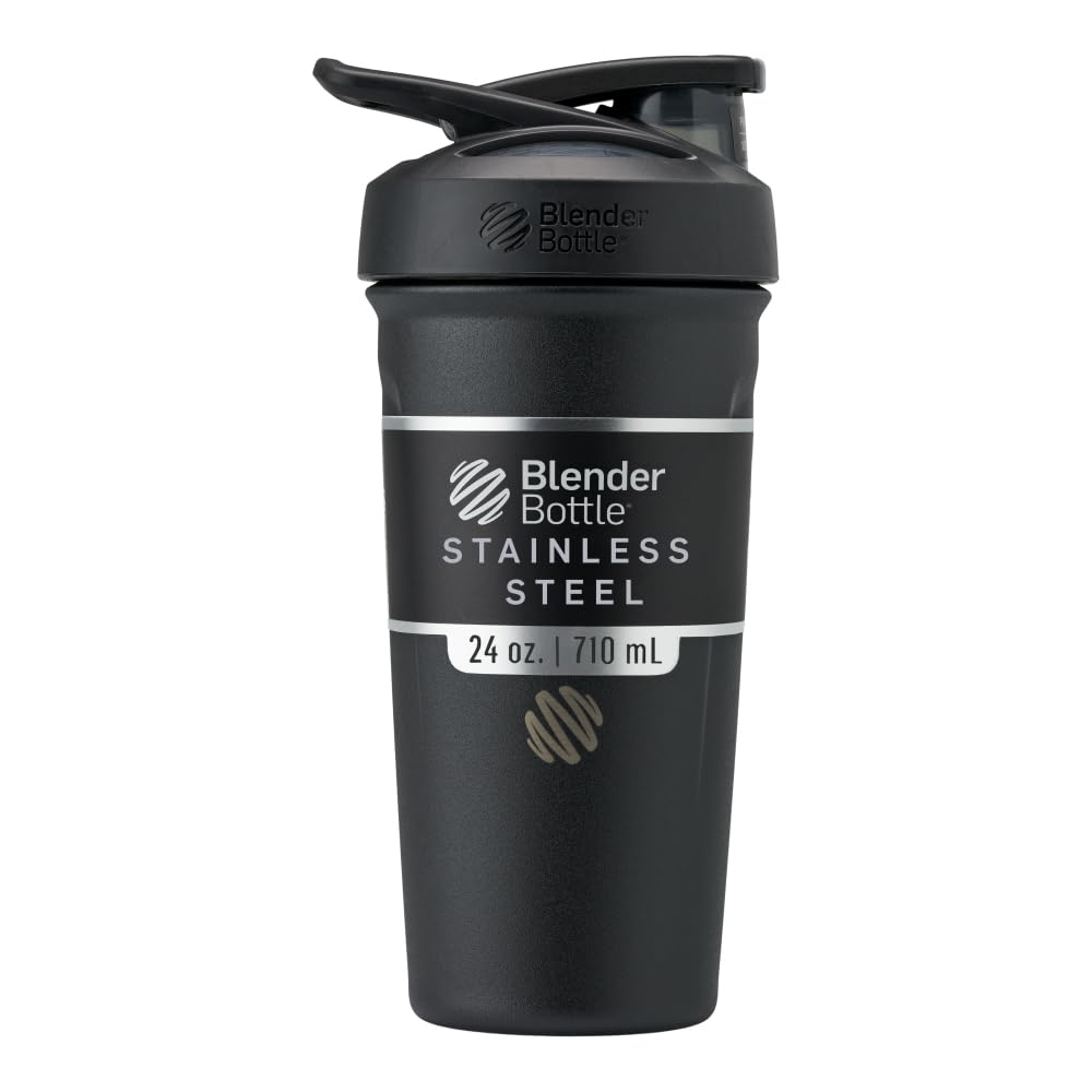 Buy now BlenderBottle Strada Shaker Cup Insulated Stainless Steel Water Bottle with Wire Whisk, 24-Ounce, Black Flip Black at indiglob india