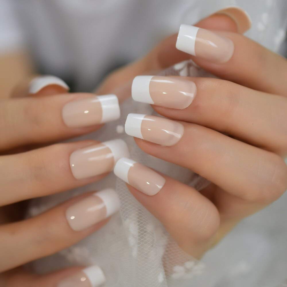 Buy now EchiQ Pearl Shine Glossy Fake Nails Shimmer White Square French Nail Ombre Faux Ongles Gradient Medium Fingernails with Gluetabs Beige white French at indiglob india