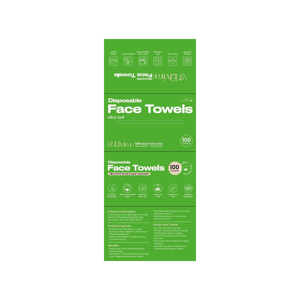 Elvira 100 Count Disposable Face Towels | Biodegradable, Ultra Soft & Thick, Lint-Free & Vegan, For Sensitive Skin, Travel Essential