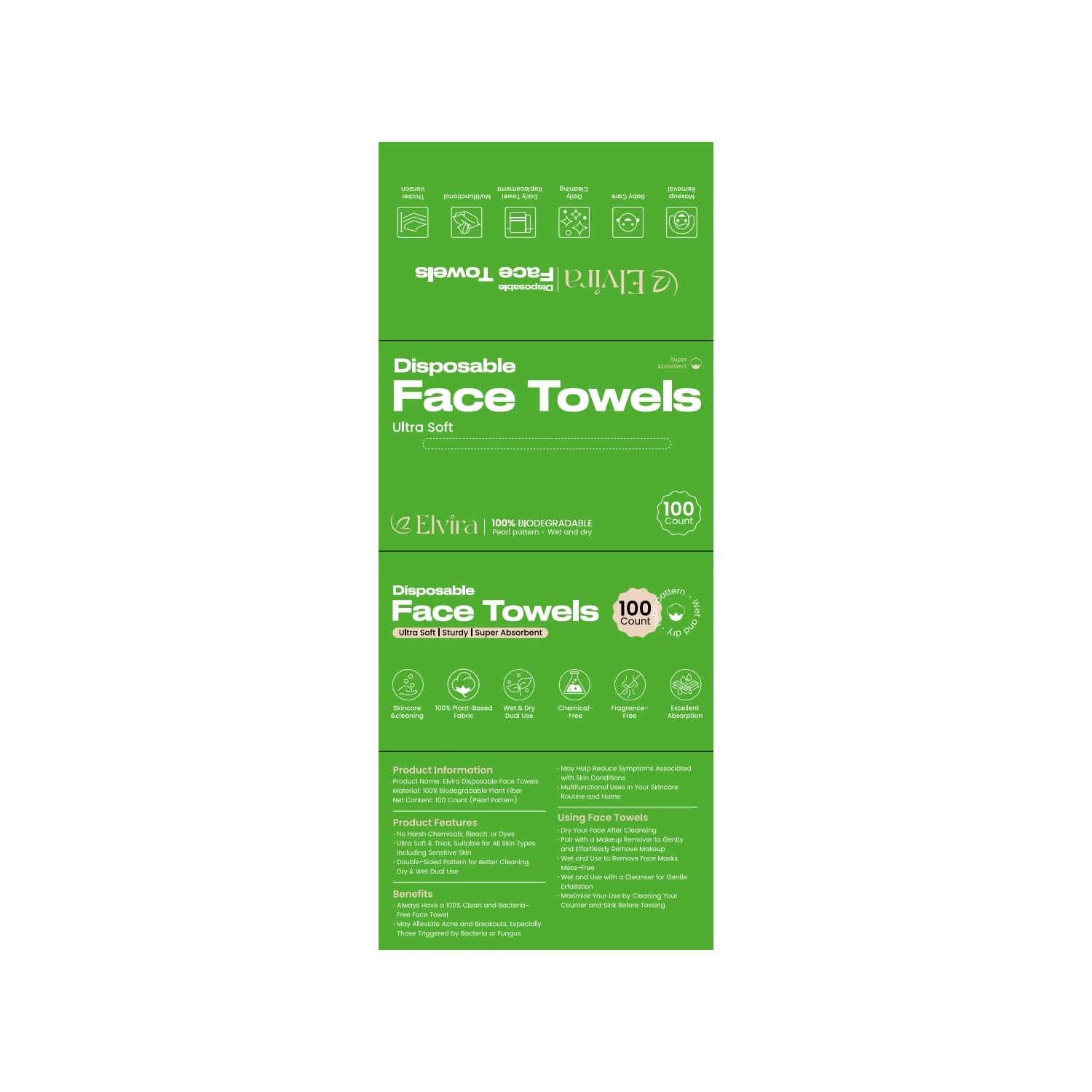 Elvira 100 Count Disposable Face Towels | Biodegradable, Ultra Soft & Thick, Lint-Free & Vegan, For Sensitive Skin, Travel Essential