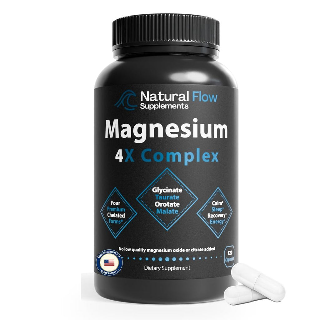 Natural Flow Magnesium Glycinate 4X Complex 200 mg Elemental, 120 Capsules | Plus taurate, malate, orotate. No oxide, no citrate. Use: evening wind-down, post-workout recovery, shift work, stress