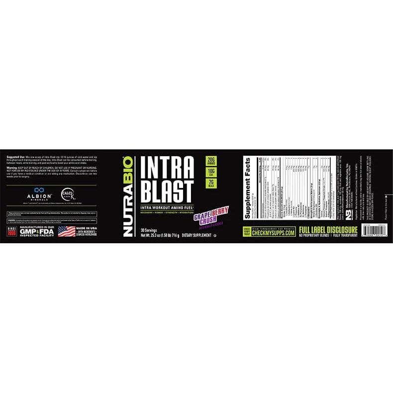Buy now NutraBio Intra Blast Bcaa Powder Amino Acid Supplement, Electrolyte & Hydration Blend, Intra, Pre Workout & Muscle Recovery, 20g Eaa Amino Acids Powder, 5g Glutamine- Grape Berry Crush, 30 Serving at indiglob india