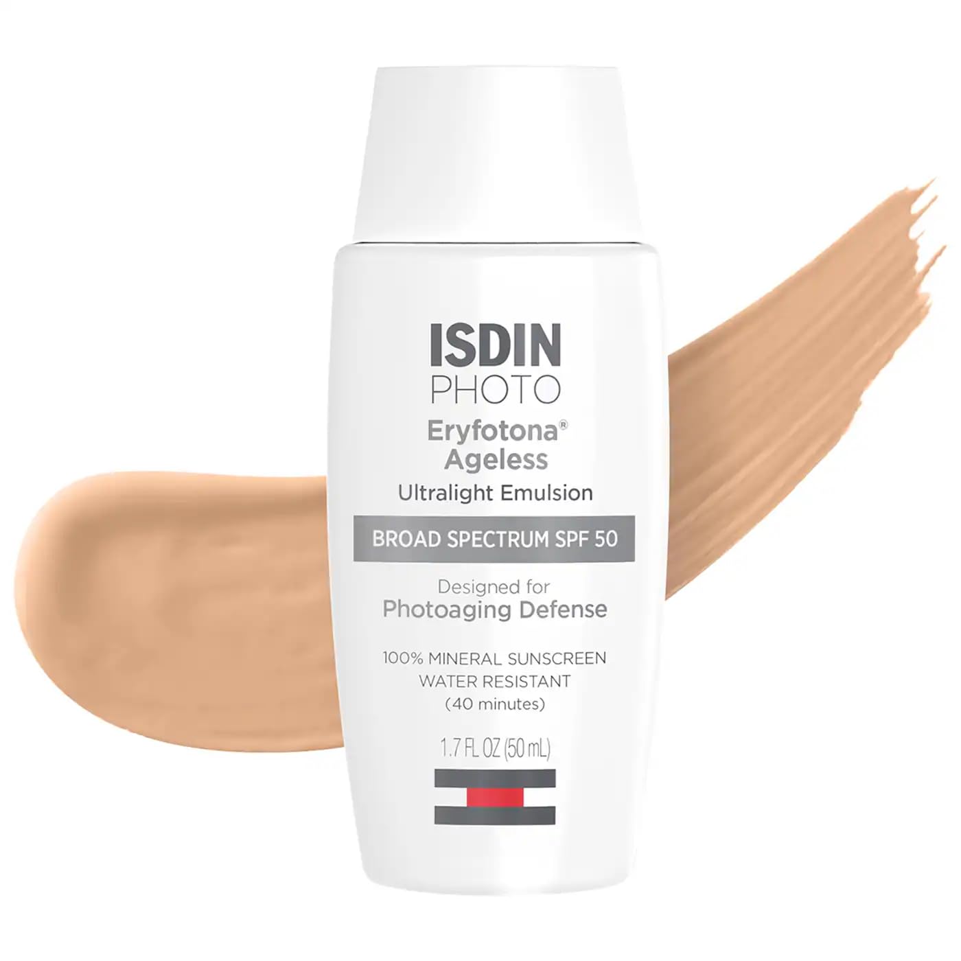ISDIN Eryfotona Ageless Tinted Mineral Face Sunscreen SPF 50, Zinc Oxide | Anti-Aging, 100% Mineral UV Filters, Ultralight Emulsion, Suitable for Sensitive Skin, Dermatologist Recommended