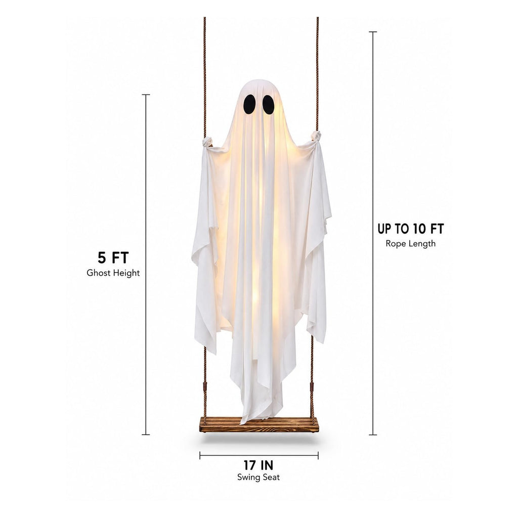 Halloween Decorations Outdoor - 5 FT Large Hanging Swing Ghost Halloween Decor with String Lights, Spooky Cute Ghosts Decorations for Front Porch Yard Tree