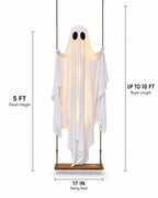 Halloween Decorations Outdoor - 5 FT Large Hanging Swing Ghost Halloween Decor with String Lights, Spooky Cute Ghosts Decorations for Front Porch Yard Tree