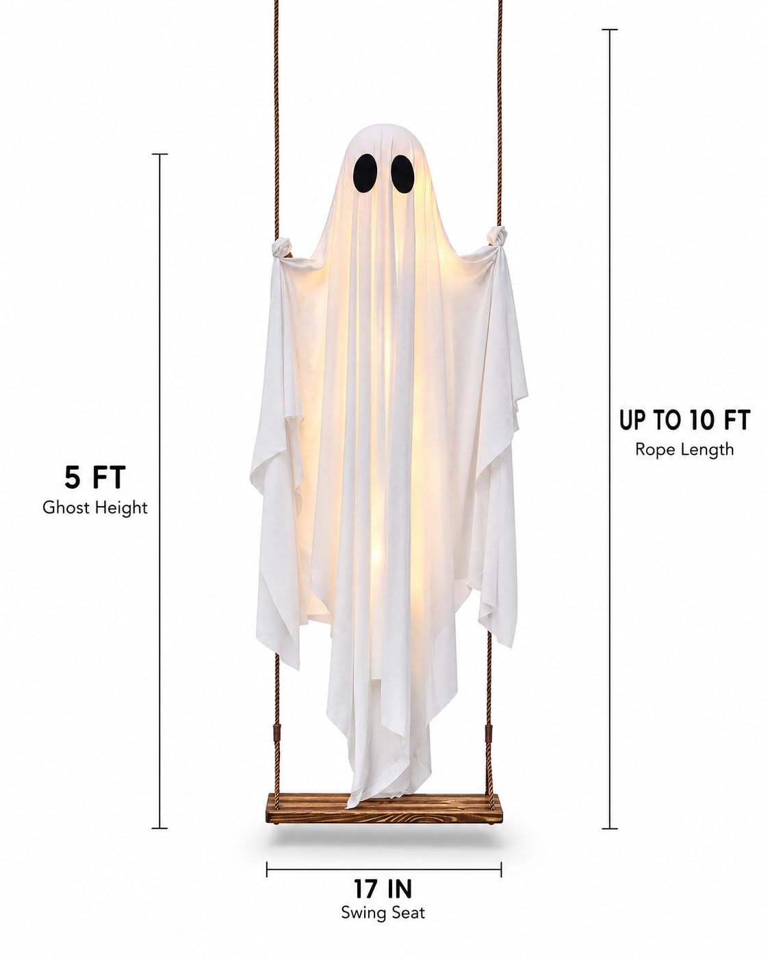 Halloween Decorations Outdoor - 5 FT Large Hanging Swing Ghost Halloween Decor with String Lights, Spooky Cute Ghosts Decorations for Front Porch Yard Tree