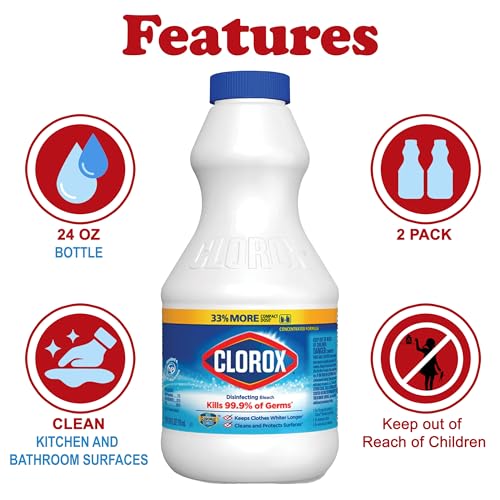 Buy now Clorox Regular Disinfecting Bleach Cleaner, 2 Pack Concentrated Liquid Bleach, Removes Mold, Mildew and Stains, Whitens, for Multi Purpose Cleaning and Laundry, 24 oz Bottles at indiglob india